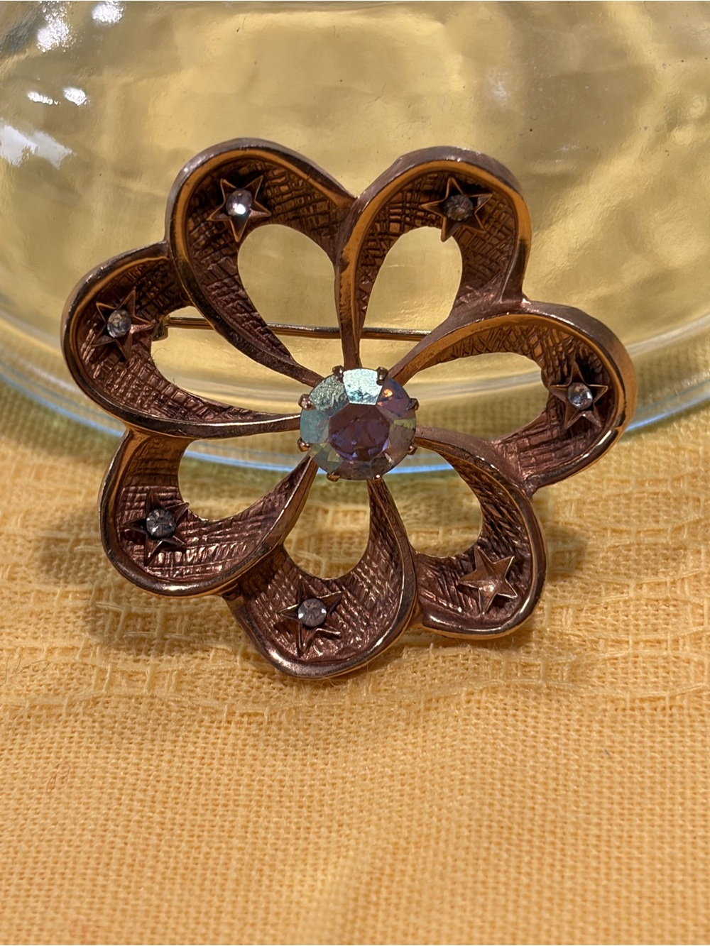 Signed Kramer of NY Retro Rose Gold Textured Star Rhinestone Flower Brooch